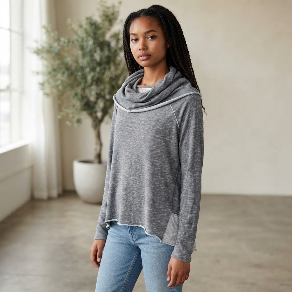 Free People Beach Two Body Cowl Neck Grey Long Sleeve Raw Hem Small